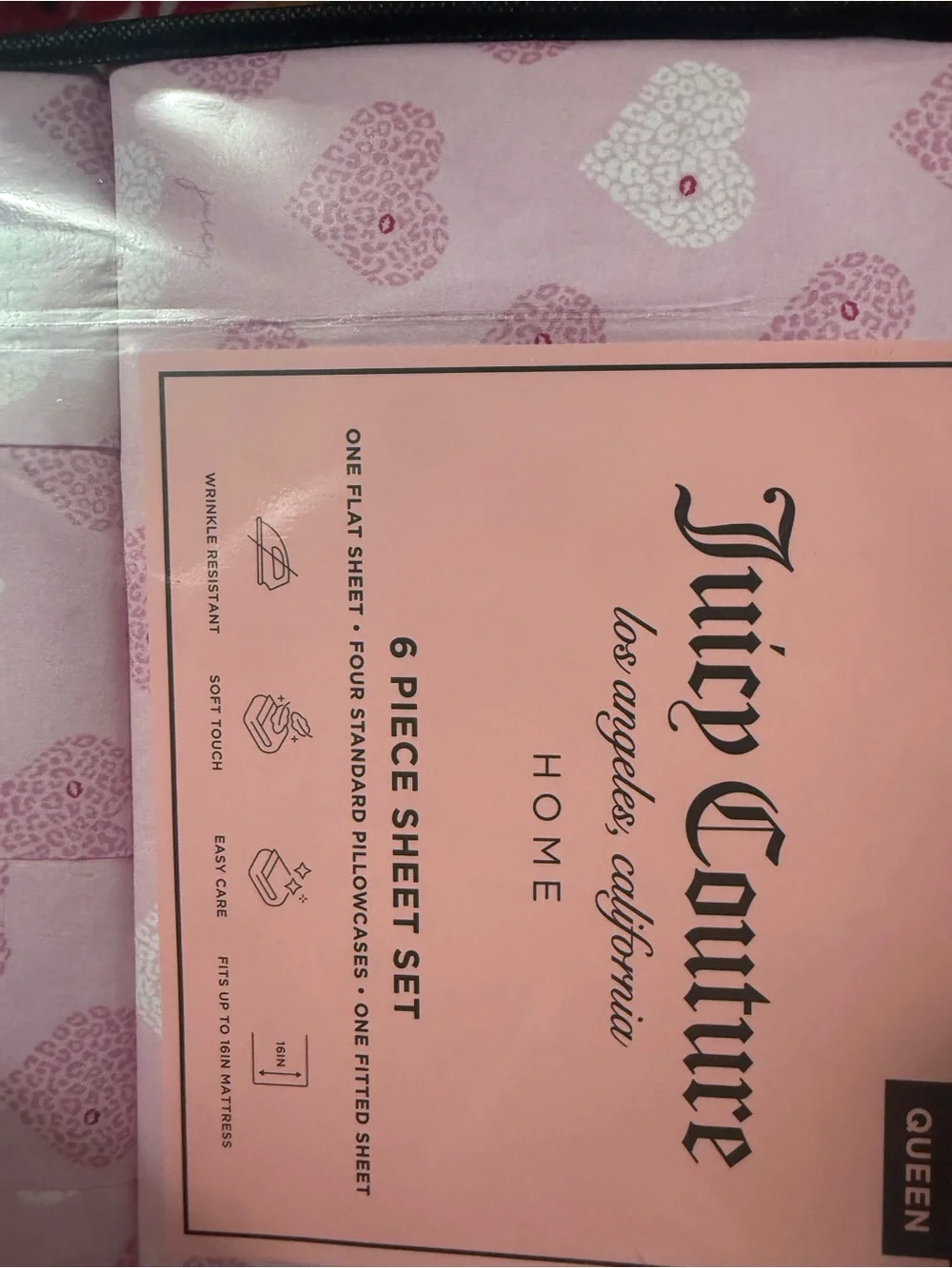 Juicy Couture Pink Heart Pattern 6-Piece Queen Sheet Set